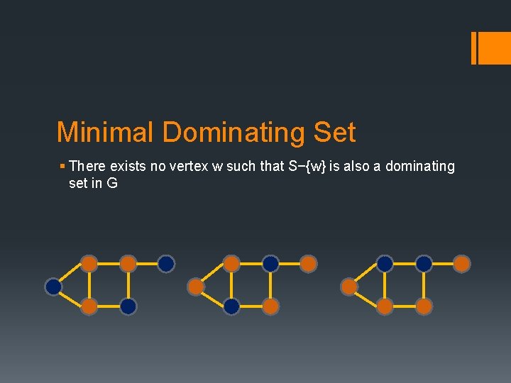 Minimal Dominating Set § There exists no vertex w such that S−{w} is also