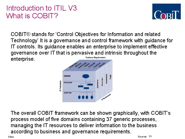 Introduction to ITIL V 3 What is COBIT? COBIT® stands for ‘Control Objectives for