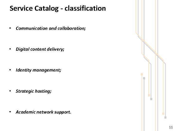 Service Catalog - classification • Communication and collaboration; • Digital content delivery; • Identity