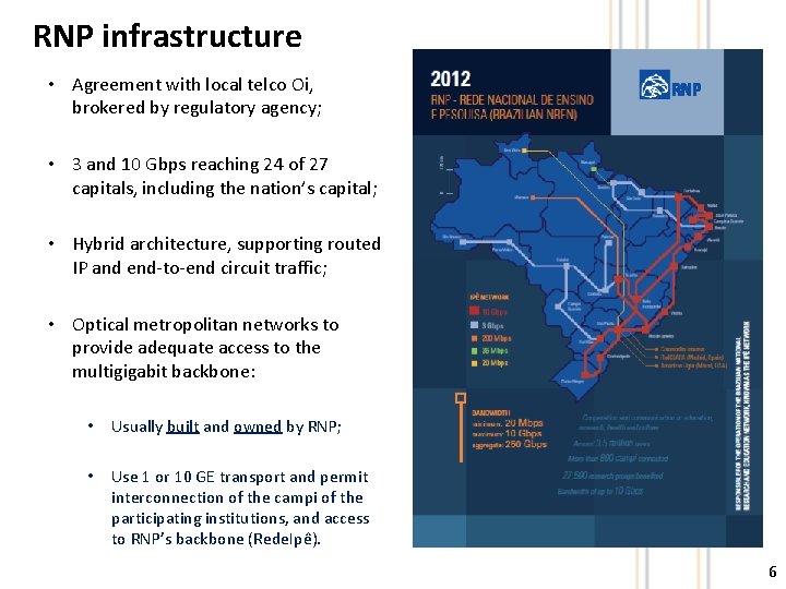 RNP infrastructure • Agreement with local telco Oi, brokered by regulatory agency; • 3