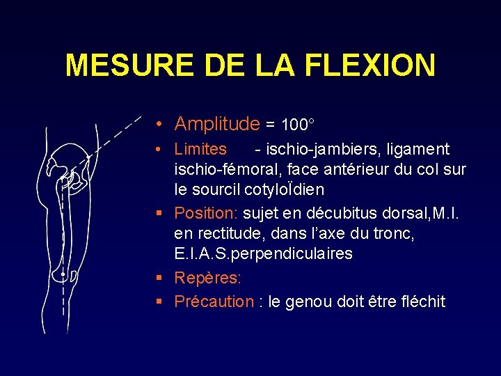 MESURE DE LA FLEXION • Amplitude = 100° • Limites - ischio-jambiers, ligament ischio-fémoral,