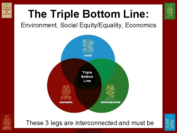 The Triple Bottom Line: Environment, Social Equity/Equality, Economics Triple Bottom Line These 3 legs