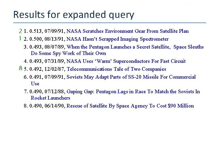 Sec. 9. 1. 1 Results for expanded query 2 1. 0. 513, 07/09/91, NASA
