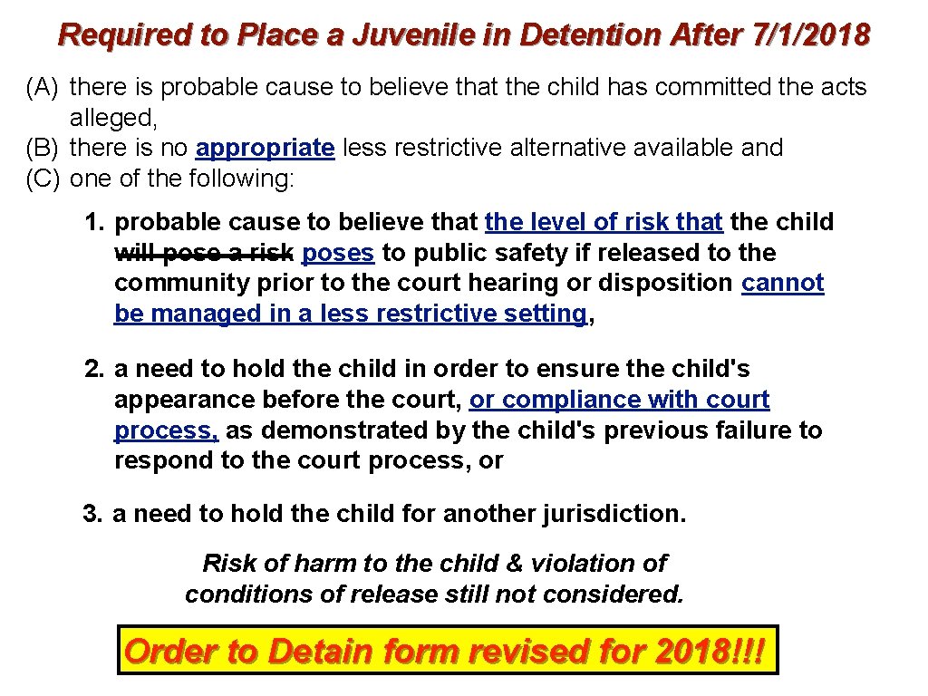 Required to Place a Juvenile in Detention After 7/1/2018 (A) there is probable cause