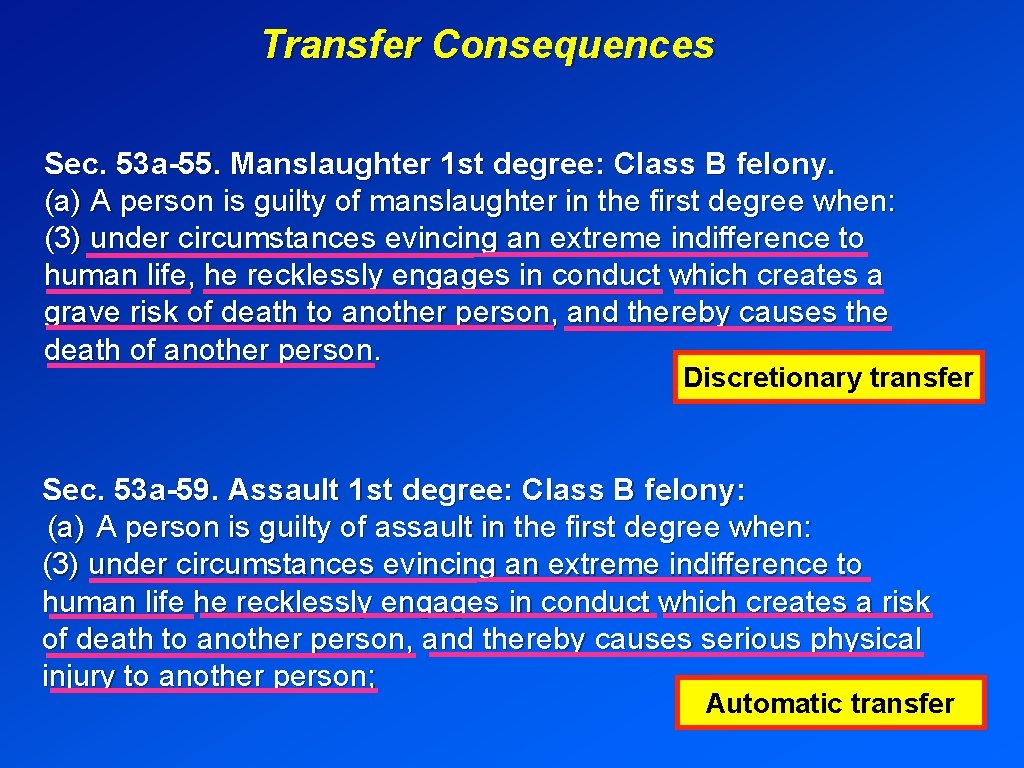 Transfer Consequences Sec. 53 a-55. Manslaughter 1 st degree: Class B felony. (a) A