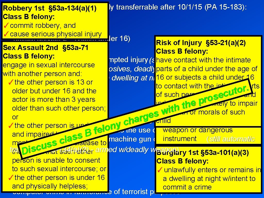 C lass B felonies not automatically transferrable after 10/1/15 (PA 15 -183): Robbery 1