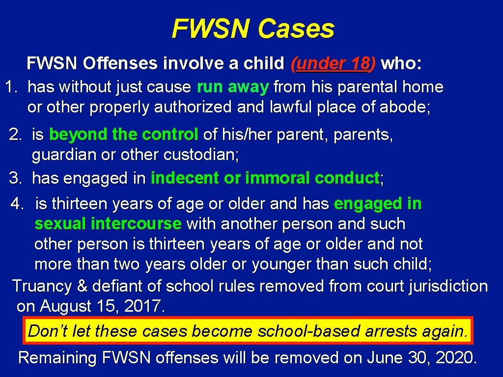 FWSN Cases FWSN Offenses involve a child (under 18) who: 1. has without just