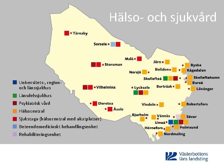 Hälso- och sjukvård Universitets-, regionoch länssjukhus Länsdelssjukhus Psykiatrisk vård Hälsocentral Sjukstuga (hälsocentral med akutplatser)