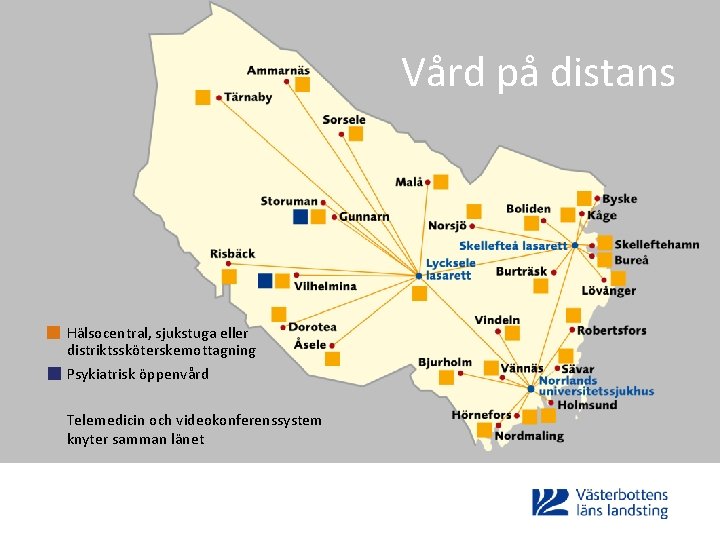 Vård på distans Hälsocentral, sjukstuga eller distriktssköterskemottagning Psykiatrisk öppenvård Telemedicin och videokonferenssystem knyter samman