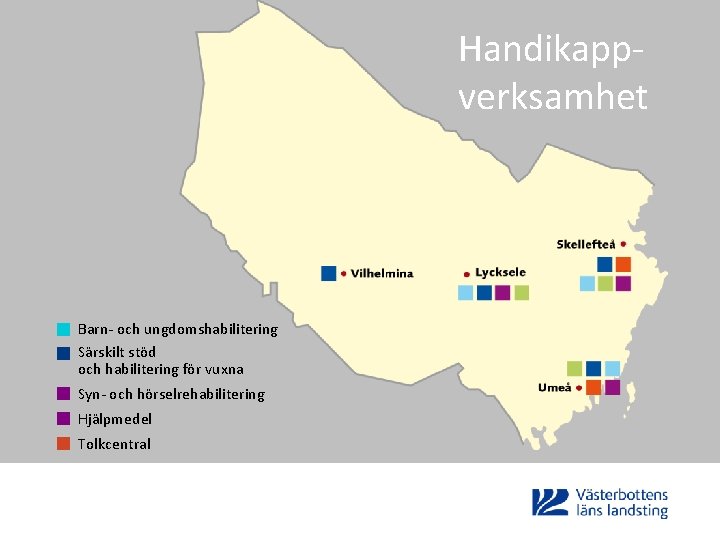 Handikappverksamhet Barn- och ungdomshabilitering Särskilt stöd och habilitering för vuxna Syn- och hörselrehabilitering Hjälpmedel