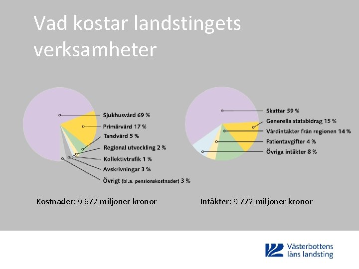 Vad kostar landstingets verksamheter Kostnader: 9 672 miljoner kronor Intäkter: 9 772 miljoner kronor