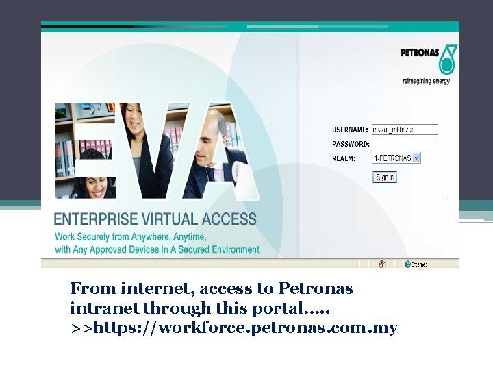 From internet, access to Petronas intranet through this portal…. . >>https: //workforce. petronas. com.