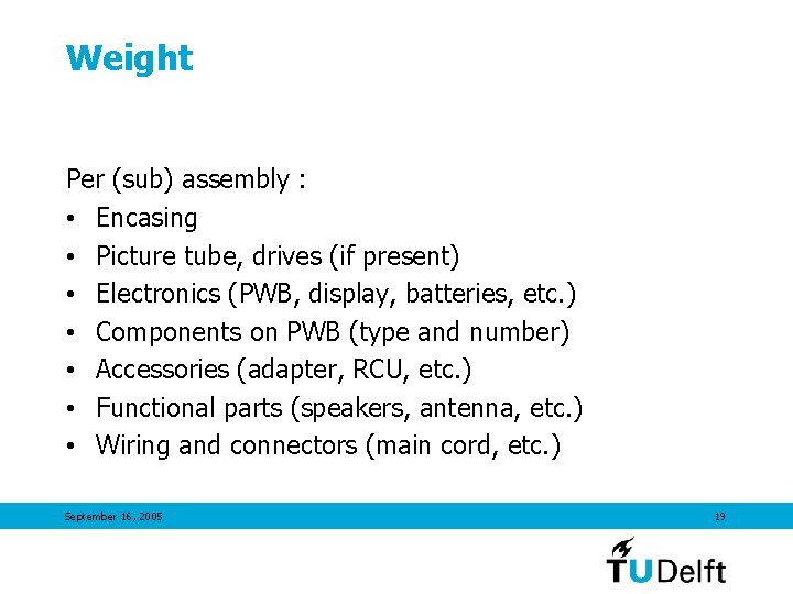 Weight Per (sub) assembly : • Encasing • Picture tube, drives (if present) •