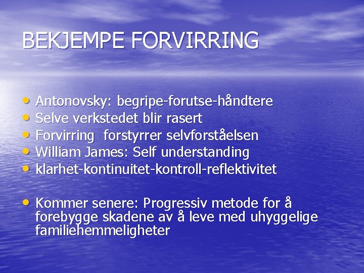 BEKJEMPE FORVIRRING • Antonovsky: begripe-forutse-håndtere • Selve verkstedet blir rasert • Forvirring forstyrrer selvforståelsen