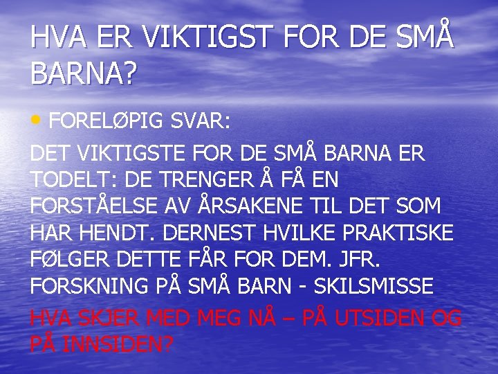 HVA ER VIKTIGST FOR DE SMÅ BARNA? • FORELØPIG SVAR: DET VIKTIGSTE FOR DE