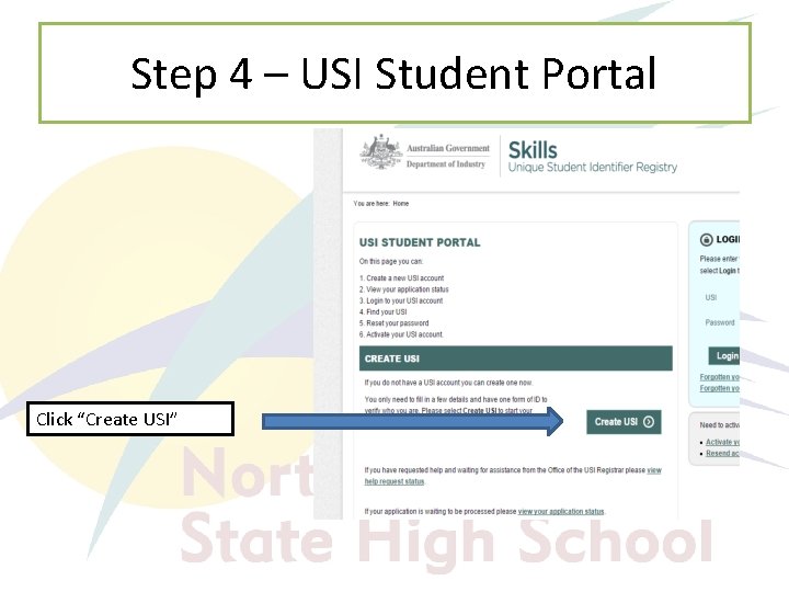 Step 4 – USI Student Portal Click “Create USI” 