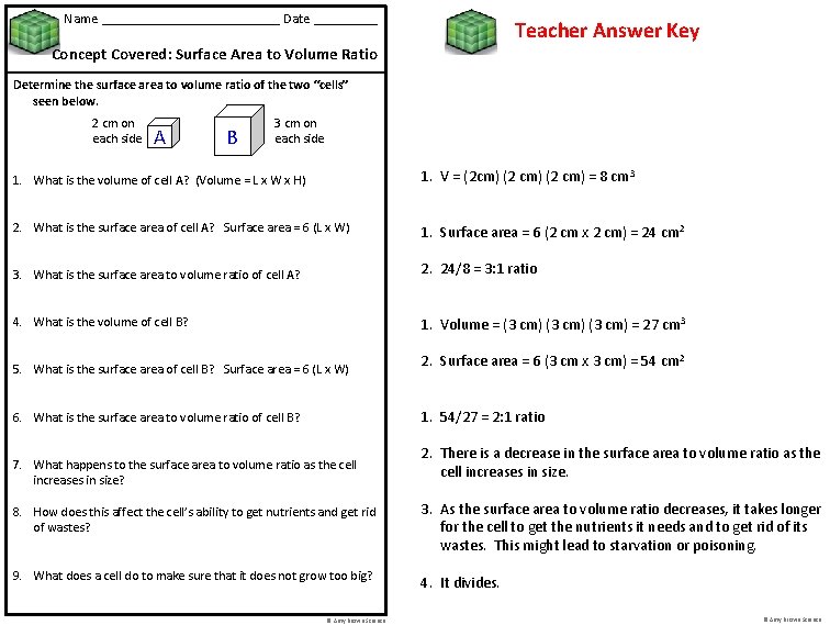 Name _____________ Date _____ Teacher Answer Key Concept Covered: Surface Area to Volume Ratio