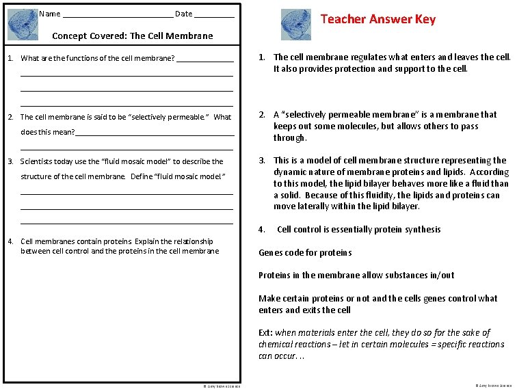 Name _____________ Date _____ Teacher Answer Key Concept Covered: The Cell Membrane 1. What