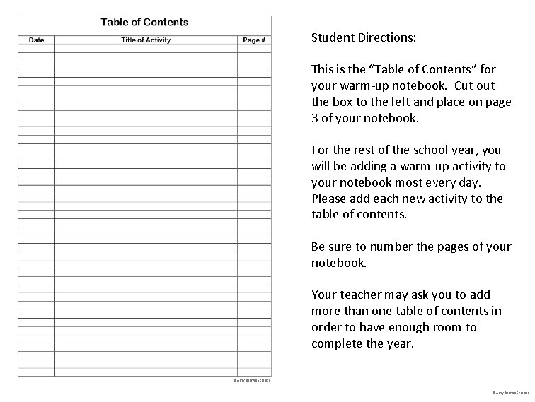Student Directions: This is the “Table of Contents” for your warm-up notebook. Cut out