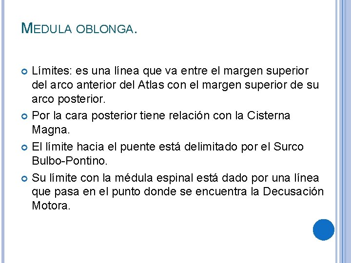 MEDULA OBLONGA. Límites: es una línea que va entre el margen superior del arco