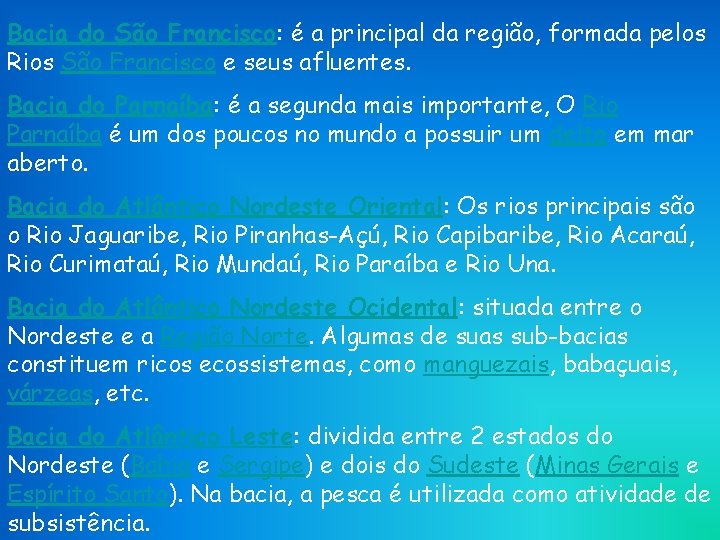 Bacia do São Francisco: é a principal da região, formada pelos Rios São Francisco