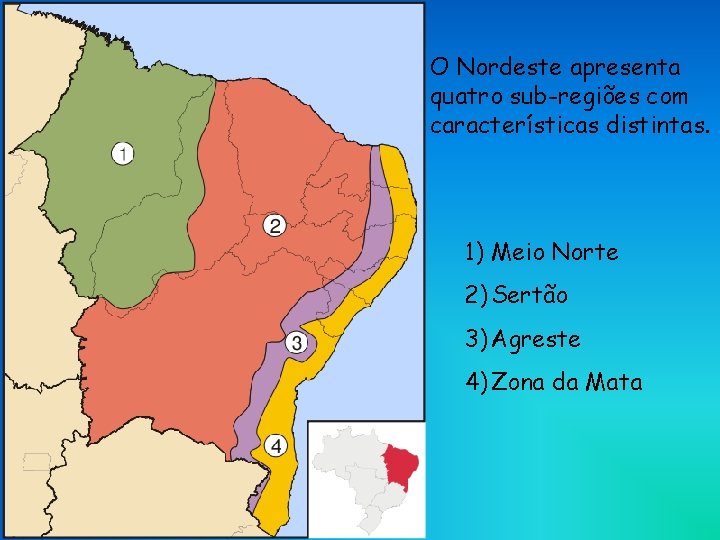 O Nordeste apresenta quatro sub-regiões com características distintas. 1) Meio Norte 2) Sertão 3)