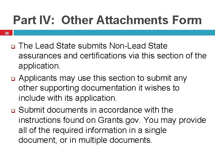 Part IV: Other Attachments Form 38 q q q The Lead State submits Non-Lead