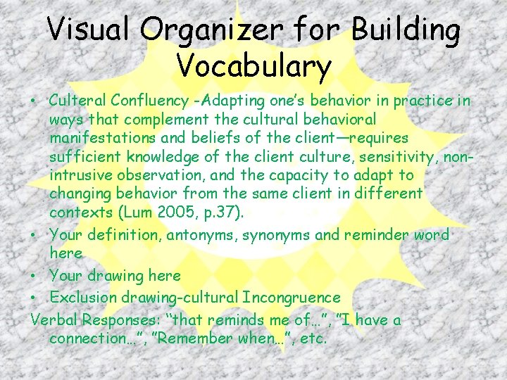 Visual Organizer for Building Vocabulary • Culteral Confluency -Adapting one’s behavior in practice in