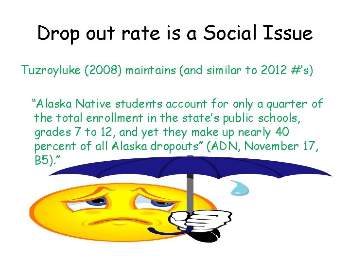 Drop out rate is a Social Issue Tuzroyluke (2008) maintains (and similar to 2012