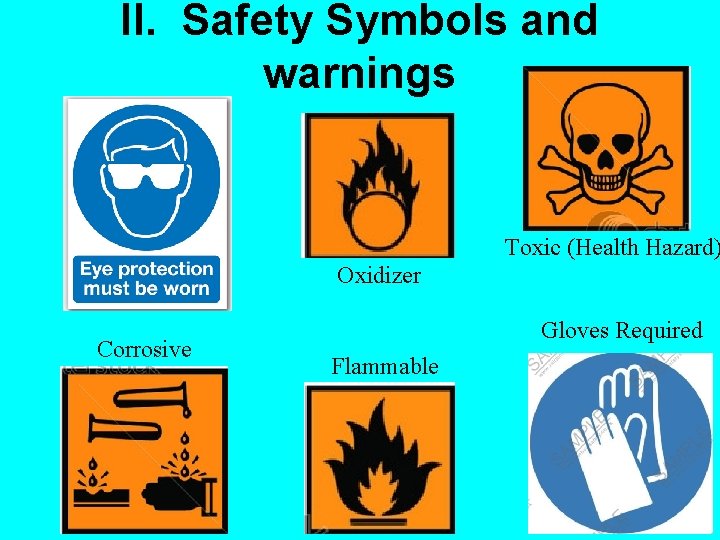 II. Safety Symbols and warnings Toxic (Health Hazard) Oxidizer Corrosive Gloves Required Flammable 