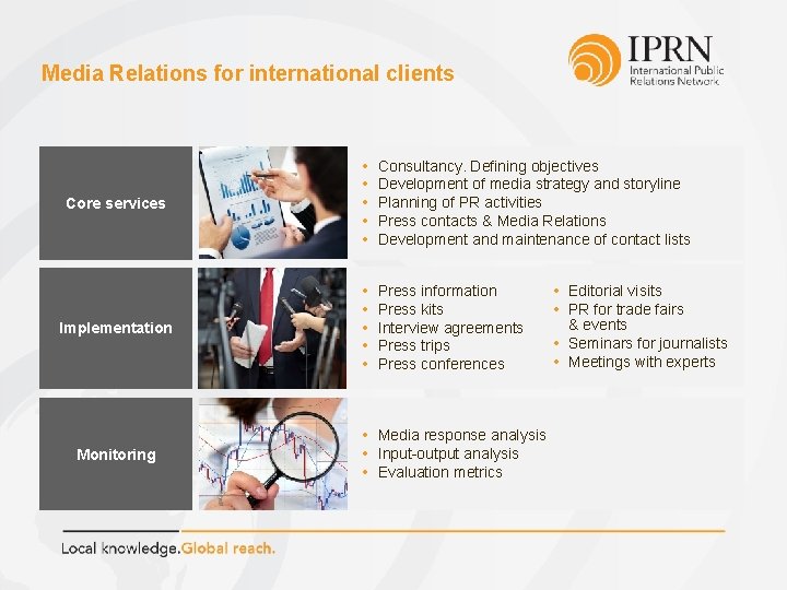 Media Relations for international clients Core services • • • Consultancy. Defining objectives Development