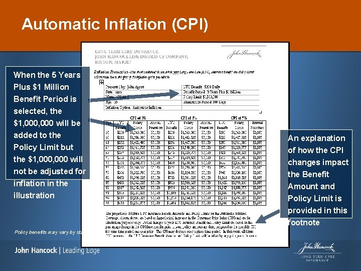 Automatic Inflation (CPI) When the 5 Years Plus $1 Million Benefit Period is selected,