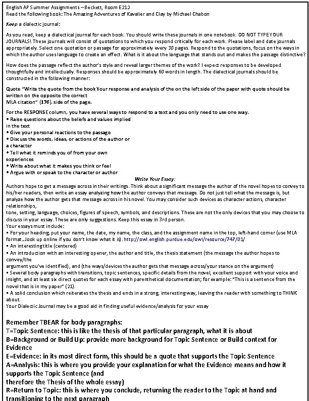 English AP Summer Assignments – Beckett, Room E 212 Read the following book: The English AP Summer Assignments – Beckett, Room E 212 Read the following book: The