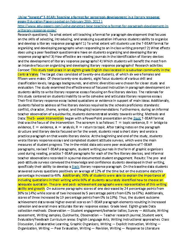 Using “gangsta” T-BEAR: Teaching a format for paragraph development in a literary response Using “gangsta” T-BEAR: Teaching a format for paragraph development in a literary response
