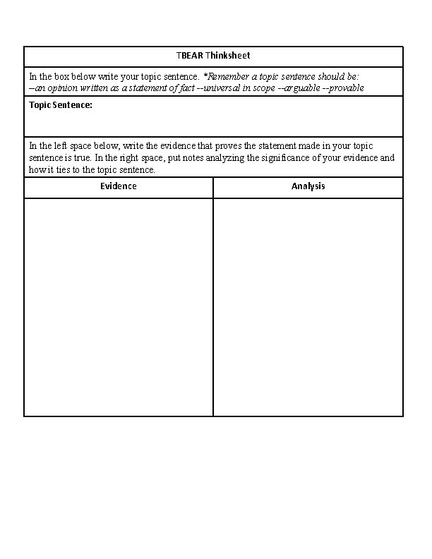TBEAR Thinksheet In the box below write your topic sentence. *Remember a topic sentence TBEAR Thinksheet In the box below write your topic sentence. *Remember a topic sentence