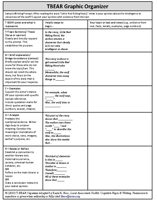 TBEAR Graphic Organizer Sample Writing Prompt: After reading the story “Little Red Riding Hood,