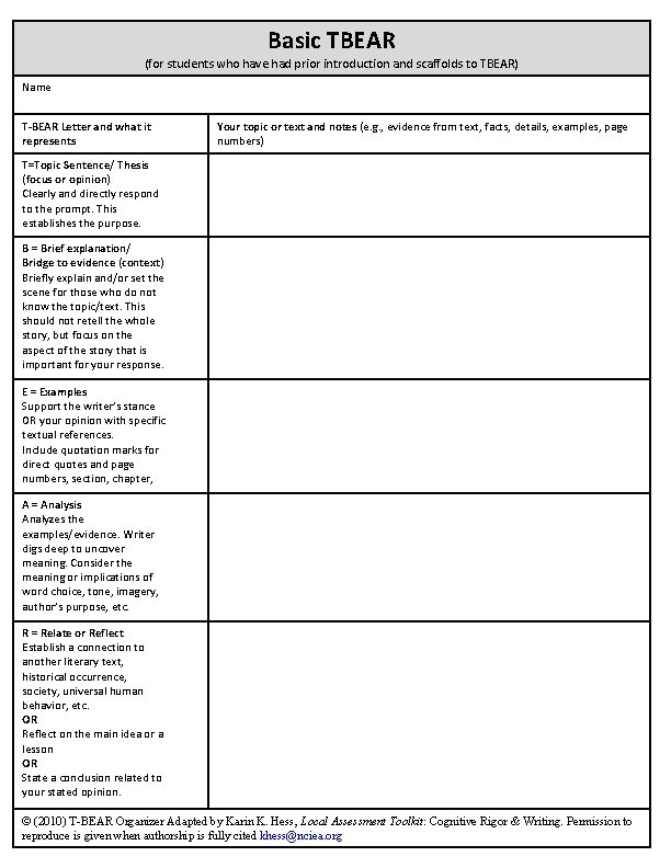 Basic TBEAR (for students who have had prior introduction and scaffolds to TBEAR) Name