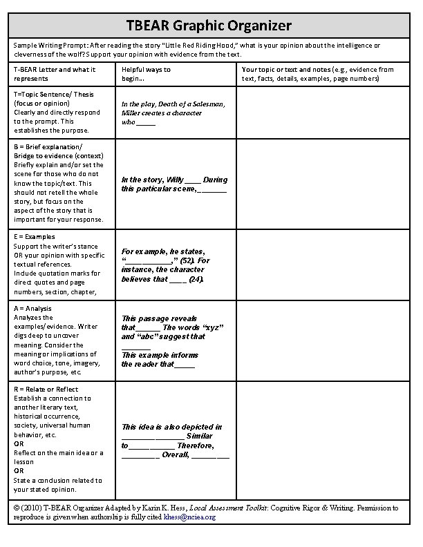TBEAR Graphic Organizer Sample Writing Prompt: After reading the story “Little Red Riding Hood,