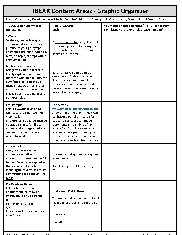 TBEAR Content Areas - Graphic Organizer Sample Vocabulary Development – (Moving from Definitional to