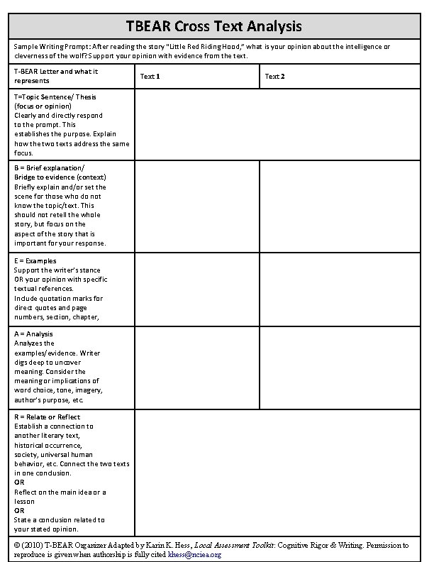 TBEAR Cross Text Analysis Sample Writing Prompt: After reading the story “Little Red Riding