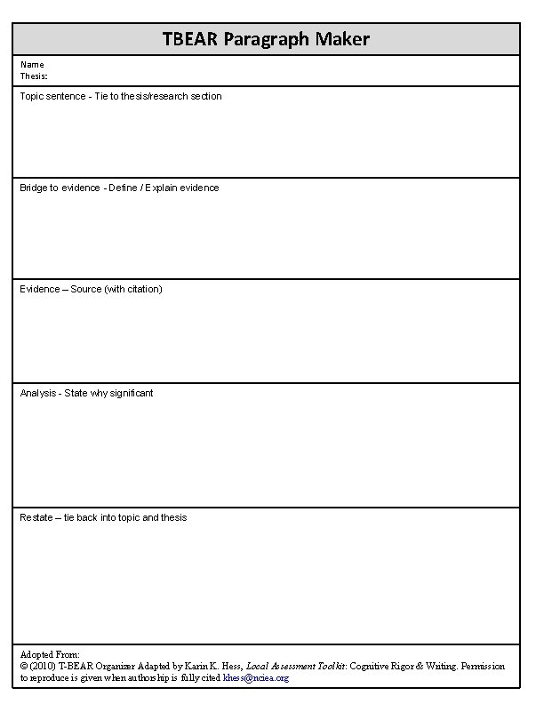 TBEAR Paragraph Maker Name Thesis: Topic sentence - Tie to thesis/research section Bridge to