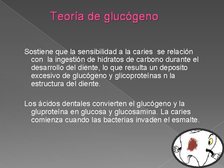 Teoría de glucógeno Sostiene que la sensibilidad a la caries se relación con la