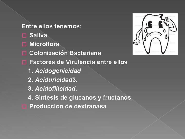 Entre ellos tenemos: � Saliva � Microflora � Colonización Bacteriana � Factores de Virulencia