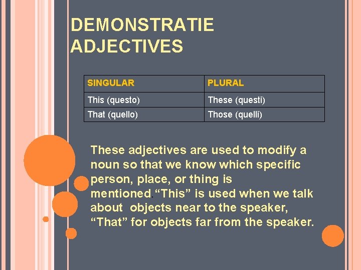 DEMONSTRATIE ADJECTIVES SINGULAR PLURAL This (questo) These (questi) That (quello) Those (quelli) These adjectives