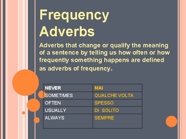 Frequency Adverbs that change or qualify the meaning of a sentence by telling us
