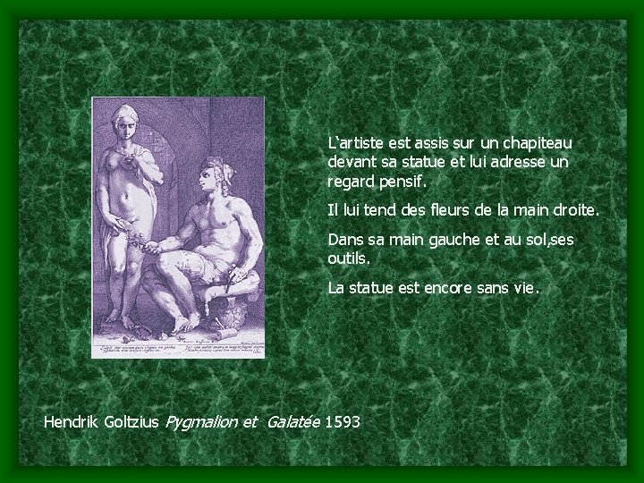L‘artiste est assis sur un chapiteau devant sa statue et lui adresse un regard