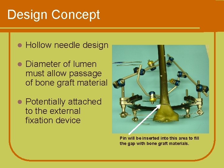 Design Concept l Hollow needle design l Diameter of lumen must allow passage of