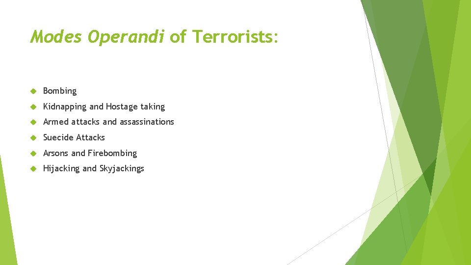 Modes Operandi of Terrorists: Bombing Kidnapping and Hostage taking Armed attacks and assassinations Suecide