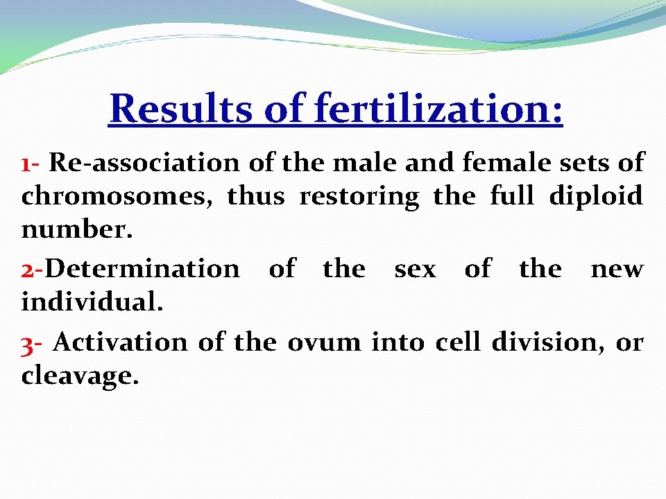 Results of fertilization: 1 - Re-association of the male and female sets of chromosomes,