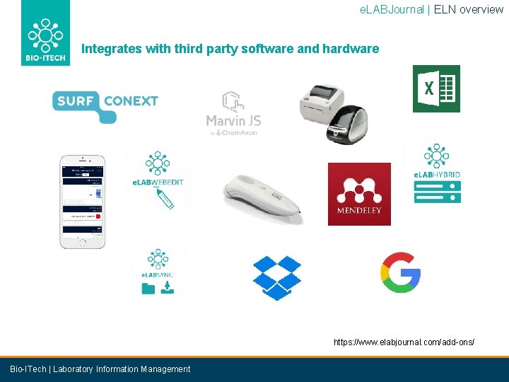 e. LABJournal | ELN overview Integrates with third party software and hardware https: //www.